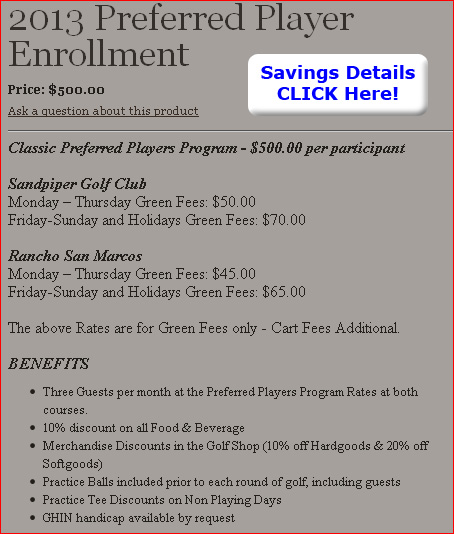 Santa Barbara Golf Preferred Player Card